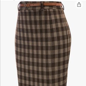 Brown Plaid Pencil Skirt w/ Belt